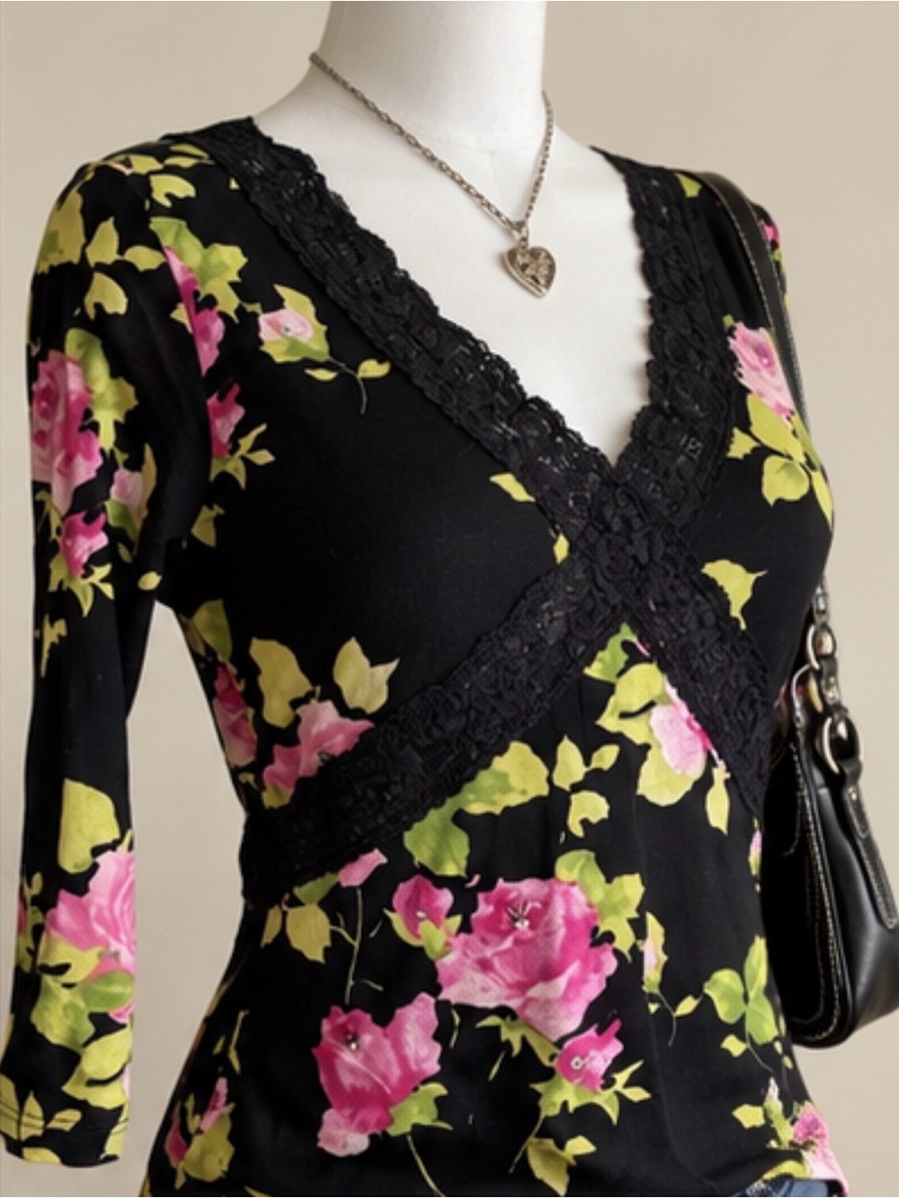 Y2K Black Pink Rose Embellished Beaded Floral Lace Trim Top Small Dark Romantic